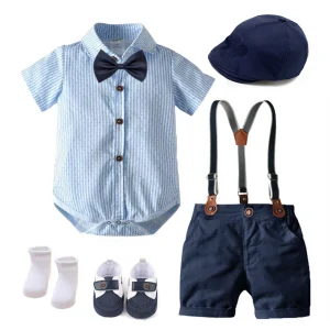 Conjunto Infantil Masculino Social Azul com Suspensório e Gravata Borboleta – Roupa Elegante para Bebê Menino