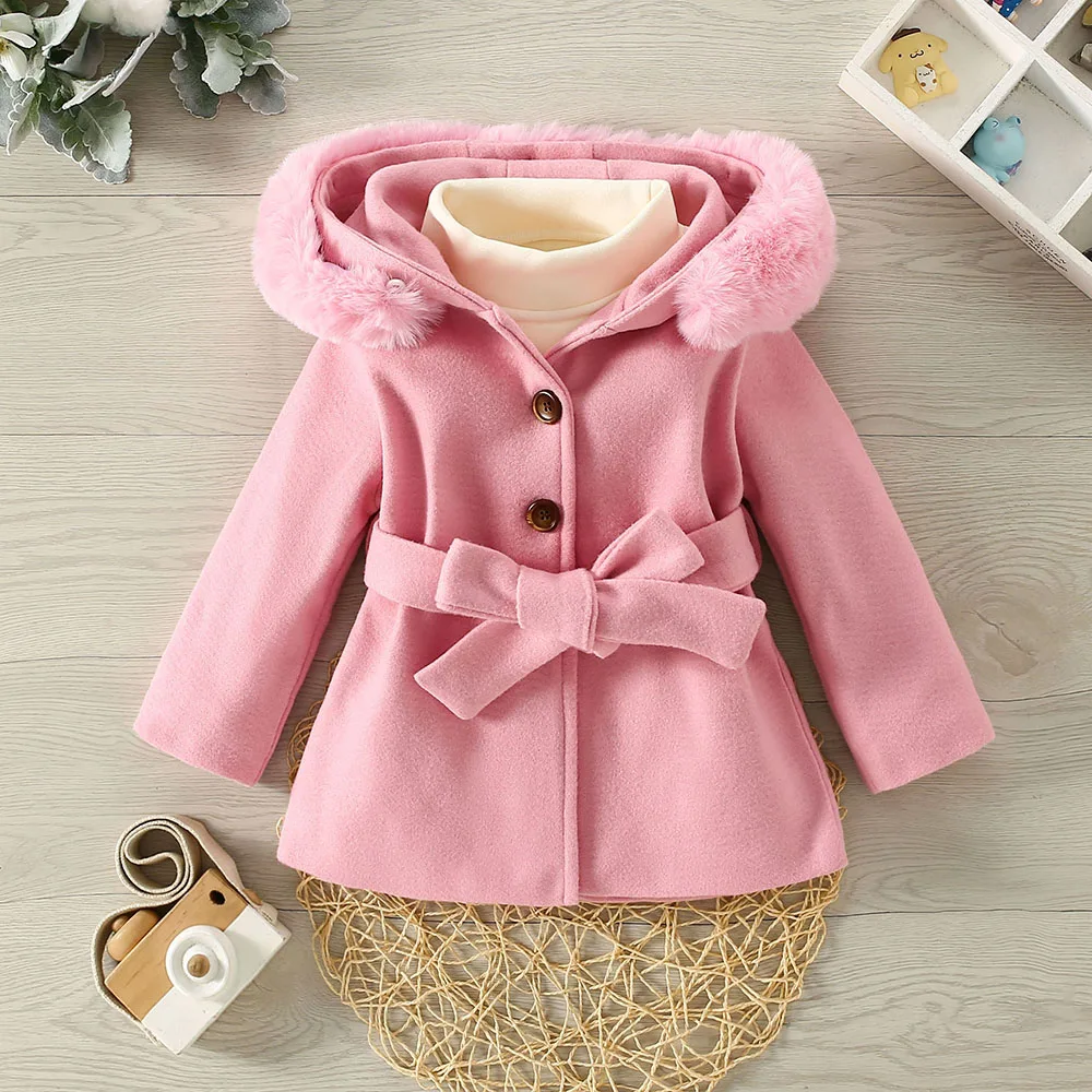 Casaco Infantil de Inverno com Capuz e Laço – Pelúcia Rosa Quentinha para Meninas - Image 2