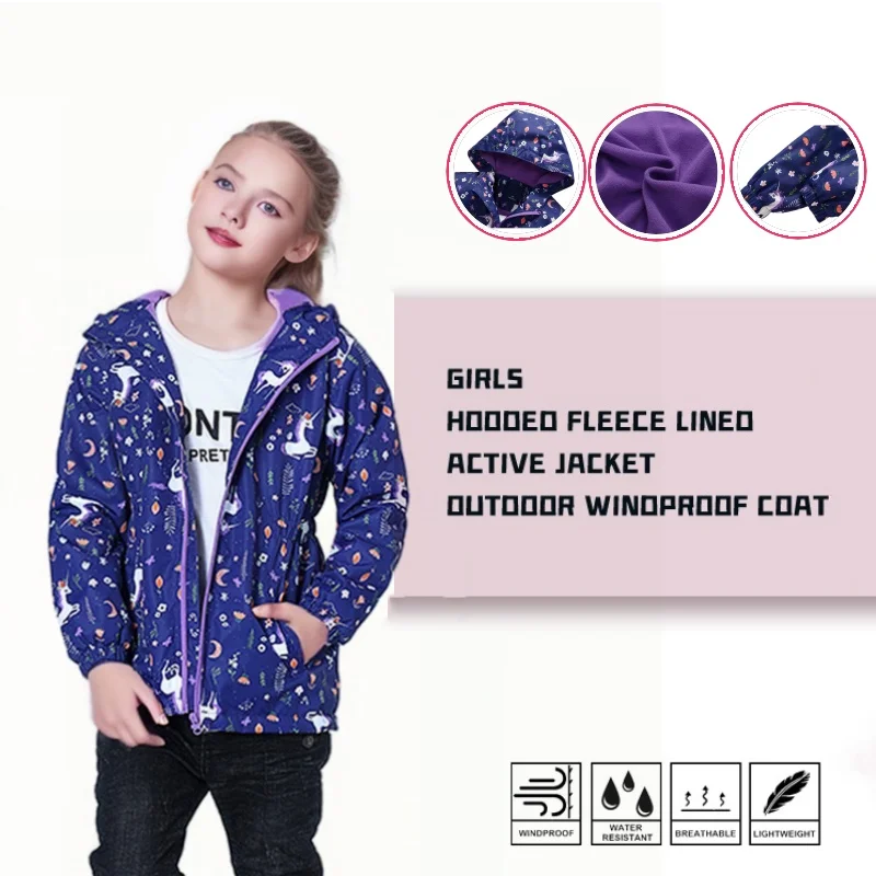 Jaqueta Infantil Impermeável Forrada em Fleece – Corta-Vento de Primavera e Outono para Meninas - Image 9