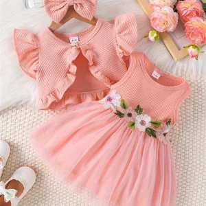 Vestido Infantil com Bolero e Laço Rosa – Conjunto de Verão para Meninas