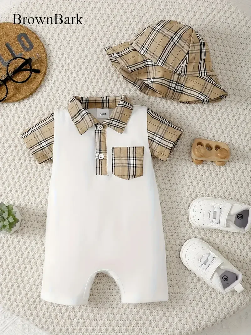 Macacão Infantil Masculino de Verão com Gola Xadrez e Chapéu – Conforto e Estilo para Bebês - Image 2