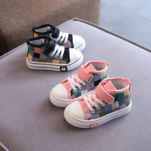 Tênis Infantil Xadrez Cano Alto – Casual Confortável com Cadarço e Velcro para Meninos e Meninas