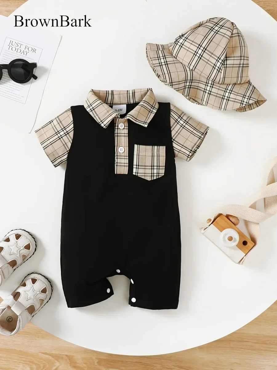 Macacão Infantil Masculino de Verão com Gola Xadrez e Chapéu – Conforto e Estilo para Bebês - Image 5