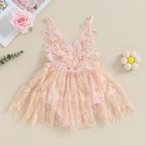 Vestido Infantil de Renda Rosa com Bordado Floral – Roupa de Festa para Bebês e Meninas