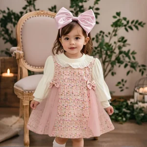 Vestido Infantil Xadrez com Tule e Laço – Manga Longa e Estilo Doce para Meninas