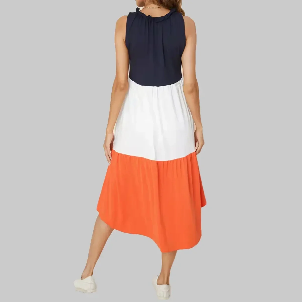 Vestido Gestante Midi Color Block Azul, Branco e Laranja – Conforto e Estilo na Maternidade - Image 7
