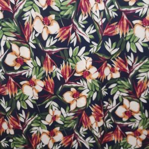 Tecido Confeção | Vestuário | Malha Viscose Estampada | Floral (Fundo Azul Escuro)