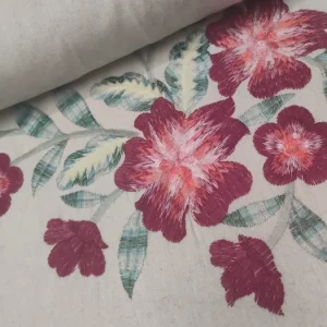 Tecido Confeção | Vestuário | Viscose com Linho | Bordado | Floral